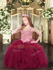 Wine Red Little Girls Pageant Gowns Party and Quinceanera with Appliques and Ruffles Spaghetti Straps Sleeveless Lace Up