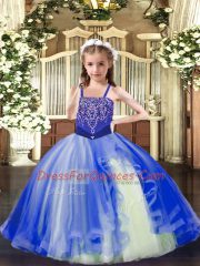 Custom Designed Royal Blue Tulle Lace Up Straps Sleeveless Floor Length Pageant Dresses Beading