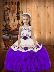 Top Selling Straps Sleeveless Kids Pageant Dress Floor Length Embroidery and Ruffles Eggplant Purple Organza