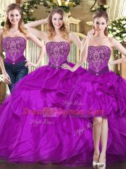 Beauteous Strapless Sleeveless Quinceanera Gown Floor Length Beading and Ruffles Fuchsia Tulle