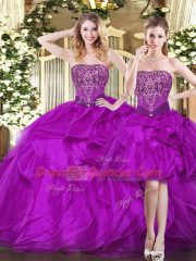 Beauteous Strapless Sleeveless Quinceanera Gown Floor Length Beading and Ruffles Fuchsia Tulle