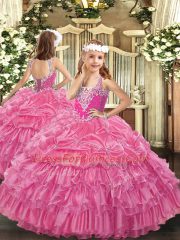 V-neck Sleeveless Lace Up Little Girl Pageant Gowns Rose Pink Organza