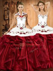 Wine Red Lace Up Quince Ball Gowns Embroidery and Ruffles Sleeveless Floor Length