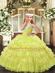 Ball Gowns Kids Formal Wear Yellow Green V-neck Organza Sleeveless Floor Length Lace Up