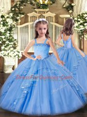 Baby Blue Organza Lace Up Custom Made Pageant Dress Sleeveless Floor Length Appliques and Ruffles