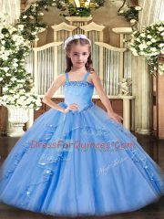 Baby Blue Organza Lace Up Custom Made Pageant Dress Sleeveless Floor Length Appliques and Ruffles