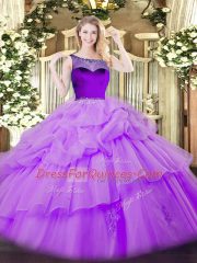 Lavender Scoop Zipper Beading and Pick Ups Sweet 16 Dresses Sleeveless