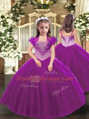 Fuchsia Straps Lace Up Beading Quinceanera Gowns Sleeveless