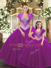 Fuchsia Straps Lace Up Beading Quinceanera Gowns Sleeveless