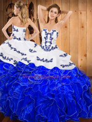 High End Sleeveless Floor Length Embroidery and Ruffles Lace Up Quinceanera Gown with Blue And White