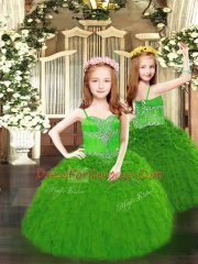 Green Ball Gowns Spaghetti Straps Sleeveless Organza Floor Length Lace Up Beading and Ruffles Little Girl Pageant Gowns