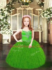 Green Ball Gowns Spaghetti Straps Sleeveless Organza Floor Length Lace Up Beading and Ruffles Little Girl Pageant Gowns