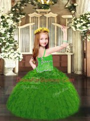 Green Ball Gowns Spaghetti Straps Sleeveless Organza Floor Length Lace Up Beading and Ruffles Little Girl Pageant Gowns