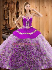 Multi-color Ball Gowns Embroidery Quinceanera Dresses Lace Up Satin and Fabric With Rolling Flowers Sleeveless With Train