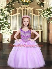 Lilac Scoop Neckline Beading Little Girl Pageant Gowns Sleeveless Lace Up