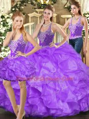 Modest Eggplant Purple Tulle Lace Up Straps Sleeveless Floor Length Quinceanera Gowns Beading and Ruffles