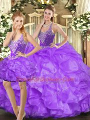Modest Eggplant Purple Tulle Lace Up Straps Sleeveless Floor Length Quinceanera Gowns Beading and Ruffles