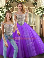 Two Pieces Ball Gown Prom Dress Eggplant Purple Bateau Tulle Sleeveless Floor Length Lace Up