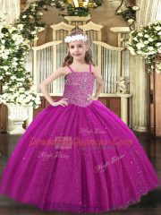 Fuchsia Little Girls Pageant Dress Party and Quinceanera with Beading Straps Sleeveless Lace Up