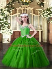 Hot Sale Green Tulle Lace Up Kids Formal Wear Sleeveless Floor Length Beading