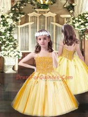 Orange Ball Gowns Spaghetti Straps Sleeveless Tulle Floor Length Lace Up Beading Child Pageant Dress
