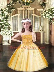 Orange Ball Gowns Spaghetti Straps Sleeveless Tulle Floor Length Lace Up Beading Child Pageant Dress