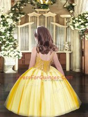 Orange Ball Gowns Spaghetti Straps Sleeveless Tulle Floor Length Lace Up Beading Child Pageant Dress