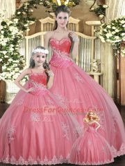 Watermelon Red Sleeveless Beading Floor Length 15th Birthday Dress