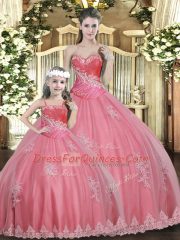 Watermelon Red Sleeveless Beading Floor Length 15th Birthday Dress