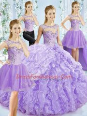 Sleeveless Organza Brush Train Lace Up Vestidos de Quinceanera in Lavender with Beading and Ruffled Layers