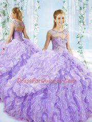 Sleeveless Organza Brush Train Lace Up Vestidos de Quinceanera in Lavender with Beading and Ruffled Layers