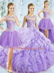 Sleeveless Organza Brush Train Lace Up Vestidos de Quinceanera in Lavender with Beading and Ruffled Layers