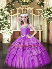 Best Organza Straps Sleeveless Lace Up Beading and Ruffled Layers Kids Formal Wear in Lilac