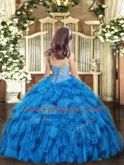 Brown Tulle Lace Up Straps Sleeveless Floor Length Pageant Dress Wholesale Beading and Ruffles