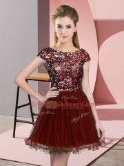 Mini Length Wine Red Court Dresses for Sweet 16 Tulle Cap Sleeves Sequins