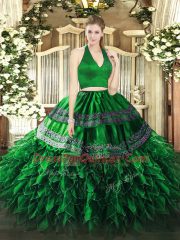 Unique Dark Green Zipper Halter Top Appliques and Ruffles Quinceanera Gown Organza Sleeveless
