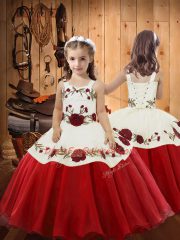 Sleeveless Organza Floor Length Zipper Little Girl Pageant Dress in Red with Embroidery