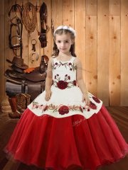 Sleeveless Organza Floor Length Zipper Little Girl Pageant Dress in Red with Embroidery