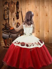 Sleeveless Organza Floor Length Zipper Little Girl Pageant Dress in Red with Embroidery