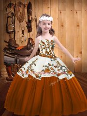 Brown Straps Neckline Embroidery Pageant Gowns For Girls Sleeveless Lace Up