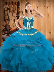 Fine Ball Gowns Quinceanera Gown Teal Sweetheart Satin and Organza Sleeveless Floor Length Lace Up