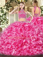 Sleeveless Tulle Floor Length Backless Sweet 16 Dress in Hot Pink with Beading and Ruffles