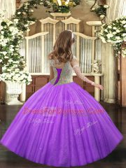 Off The Shoulder Sleeveless Kids Formal Wear Floor Length Beading Hot Pink Tulle