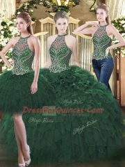 Beading and Ruffles Ball Gown Prom Dress Dark Green Lace Up Sleeveless Floor Length