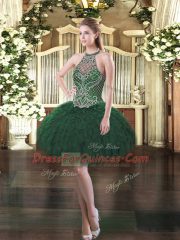 Beading and Ruffles Ball Gown Prom Dress Dark Green Lace Up Sleeveless Floor Length