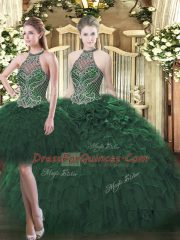 Beading and Ruffles Ball Gown Prom Dress Dark Green Lace Up Sleeveless Floor Length