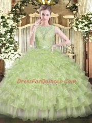Sleeveless Floor Length Beading and Ruffled Layers Backless Quinceanera Gowns with Yellow Green