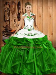 Best Selling Green Satin and Organza Lace Up Halter Top Sleeveless Floor Length 15th Birthday Dress Embroidery and Ruffles