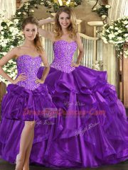 Eggplant Purple Sleeveless Floor Length Beading and Ruffles Lace Up Sweet 16 Quinceanera Dress