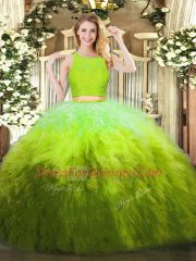 Attractive Floor Length Zipper Sweet 16 Quinceanera Dress Olive Green for Military Ball and Sweet 16 and Quinceanera and Beach with Lace and Ruffles